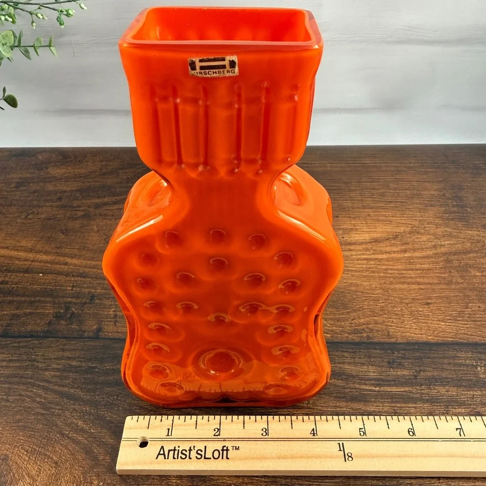 Vintage Hirschberg Orange Cased Glass Vase | Mid-Century | Original Label